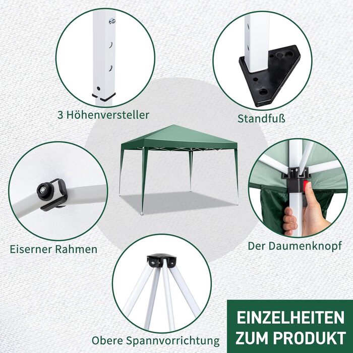 LEADZM 3x3m Pavilion, Pop-up Folding Pavilion, Stable, Waterproof, Steel Frame, Adjustable Height, UV Protection 50+, Garden Tent, Party Tent, for Garden, Party, Camping (Green)