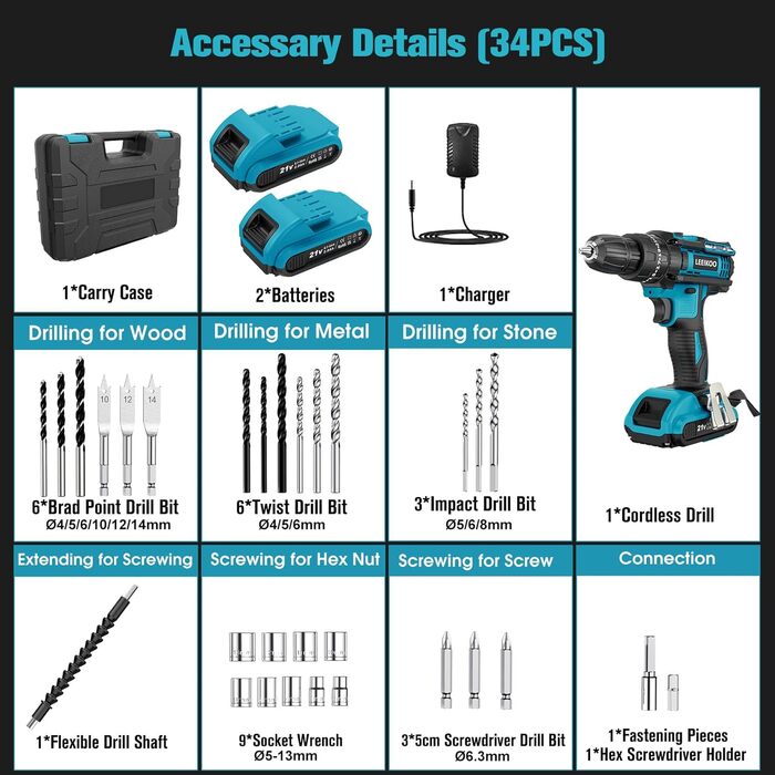 Акумуляторний шуруповерт LEEIKOO 21V з акумулятором 2.0Ah, 42N.m, 10мм патрон, 2 швидкості, 18+1 момент, 20шт аксесуарів, LED, сірий