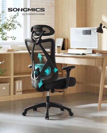 Крісло офісне SONGMICS, комп'ютерне, сітчасте, регульована поперекова підтримка та підголовник, вантажопідйомність 150 кг, регульована висота, чорний, OBN063B01