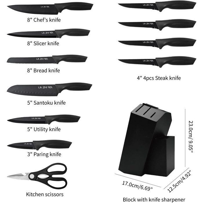 Набір ножів LIN ZHI REN 13 предметів з бруском, чорний. Кухонний набір ножів, ергономічні ручки, безпечний, для миття в посудомийній машині
