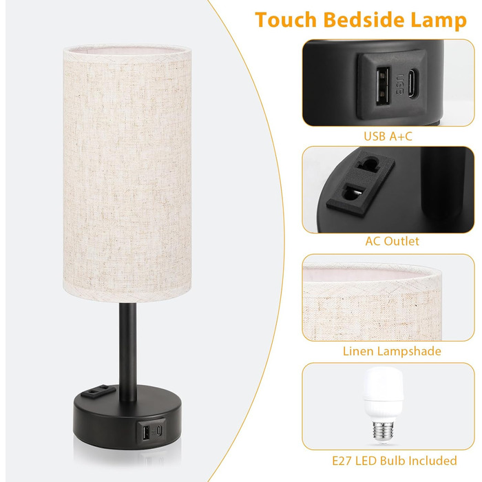 Настільна лампа Kakanuo з торшером, USB-порт, регулювання яскравості, тканинний абажур, для спальні, вітальні, дитячої кімнати, офісу (з лампочкою), білий/бежевий