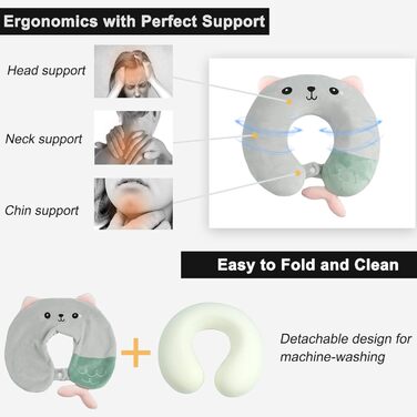 Дитяче подушечка для шиї з меморі-піною, U-подібна подушка для подорожей (літак, авто, поїзд), милий дизайн, знімна наволочка (сірий)
