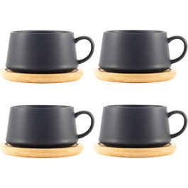 Набір кавових чашок 6 шт. об'ємом 360 мл, кераміка преміум-якості, велика ручка, для кави та чаю, чорний колір з підставками, 4 шт.