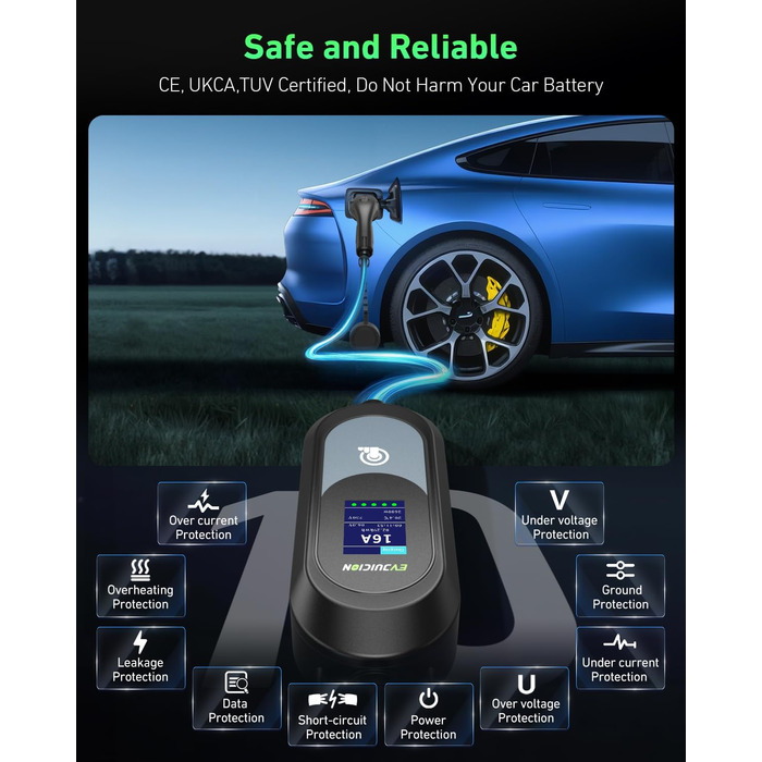 Електричний зарядний пристрій для авто Evjuicion, 15 метрів, 3.68 кВт, 8-16 А, 0-12H, IP67, Тип 2, LED-дисплей, кріплення для стіни та кабелю, портативний, сумка