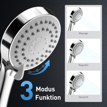 Насадка для душу ручна, 3 режими, високий тиск, діаметр 120 мм, шланг 1.5 м, економна, з тефлоновою стрічкою, хром