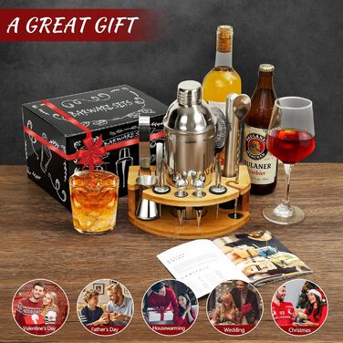 12-Piece Cocktail Shaker Set, 750ml Stainless Steel Cocktail Set with Bamboo Stand & Recipe Book, Cocktail Shaker Set, Gift for Men, Women (Home Bar, Party, Wedding)