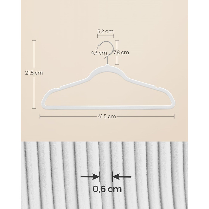 SONGMICS Плечики для одягу з оксамиту, 20 шт., для сорочок, жакеток, пальто та костюмів, білі, 41,5 см, обертаються на 360°