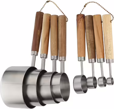 Stainless Steel Measuring Cup and Spoon Set - Measuring Cups and Spoons with Wooden Handle for Dry and Liquid Ingredients
