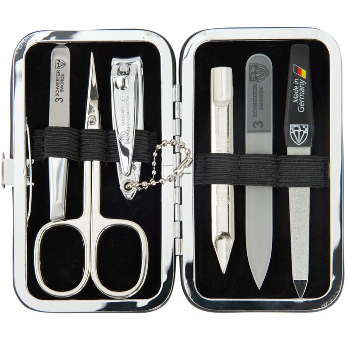 Набір для манікюру DREI SCHWERTER 'Catania' 6 предметів (Німеччина) - з ножицями для кутикули, щипчиками, пінцетом, алмазною та скляною пилочками, очищувачем для нігтів у футлярі, світло-коричневий