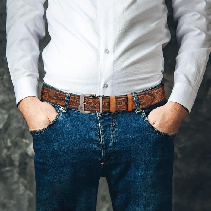 Шкіряний ремінь чоловічий BISON DENIM для джинсів та костюмів, коричневий, ширина 38 мм, довжина 135 см (розмір на талію 45'-47')