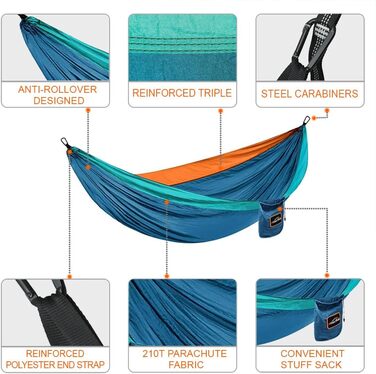Намет-гамак для 2 осіб, 300x200 см, до 249 кг, ультралегкий, з ременями для дерев, дихаючий, для кемпінгу, подорожей, туризму, саду (синій/темно-синій/оранжевий)