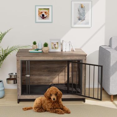 Дерев'яна собача будка/переноска для дому, 93x64x58 см, з піддоном та мисками, для собак середніх та маленьких порід (до 40 кг), білий/сірий колір