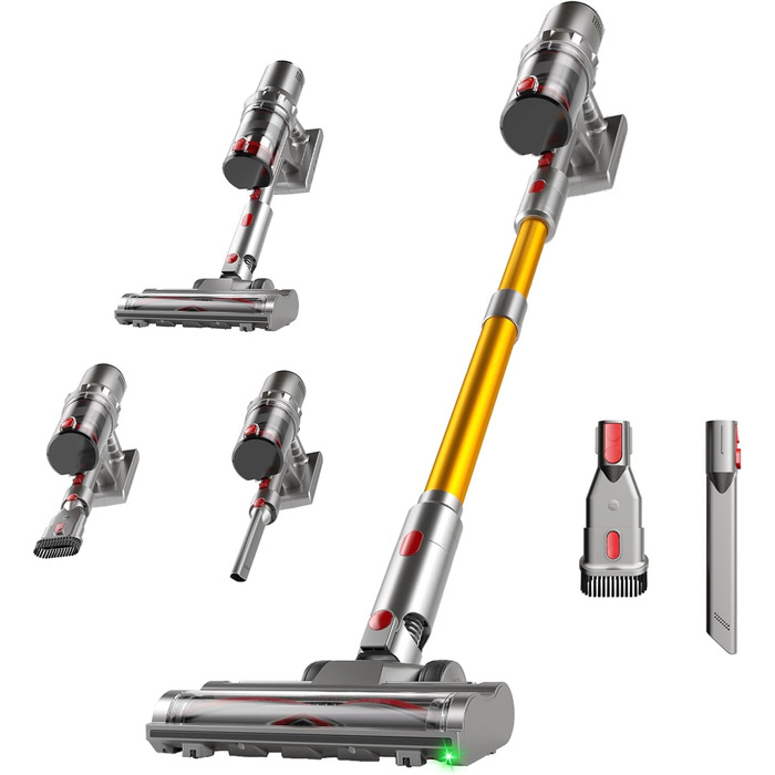 Акумуляторний пилосос Hearten 4-в-1 з LED дисплеєм та антизаплутувальною щіткою, керування одним дотиком, бездротовий пилосос з LED-підсвічуванням для шерсті тварин/килимів/твердих поверхонь (жовтий)