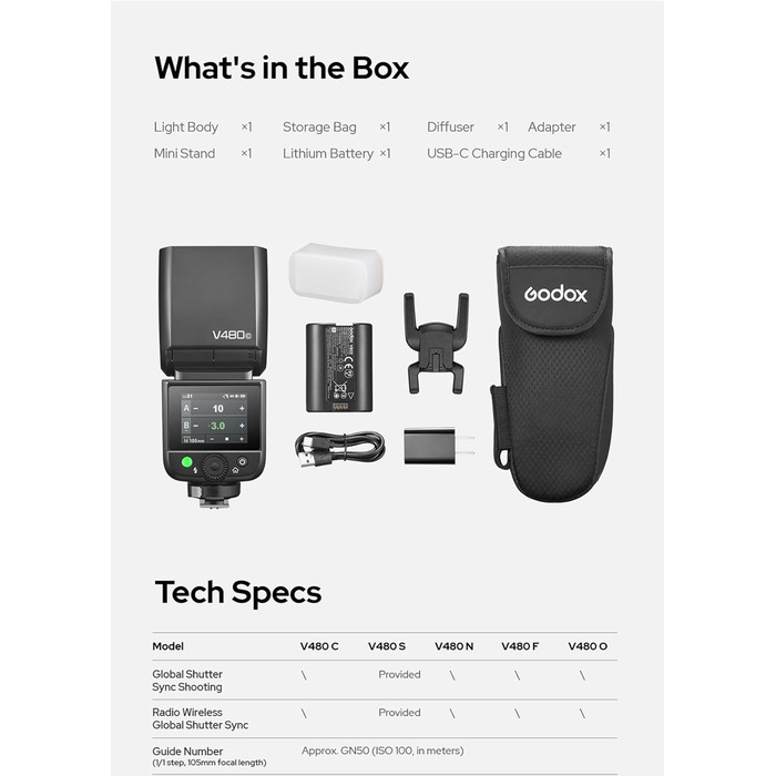 Спалах GODOX Blitz V480C з сенсорним екраном, GN50, TTL, HSS 1/8000s, сумісний з Canon R6 Mark II R10 R7 R100 EOS-R R5 Mark II R6 RP R8 M50 600D 90D 700D 750D