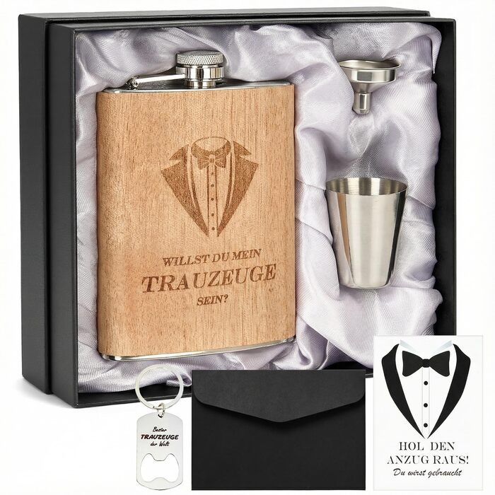 Персоналізований набір фляг 8oz з гравіюванням – фляга з нержавіючої сталі, 4 склянки, воронка & подарункова коробка для дружків, подарунок на весілля для чоловіків та жінок (колір дерева)
