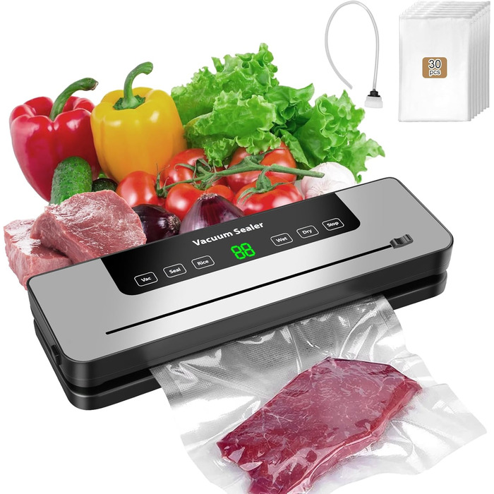 Вакуумний пакувальник KSWIOWN з 30 пакетами, 6 режимів, автоматичне закриття, ріжучий пристрій, шланг (65 KPA)