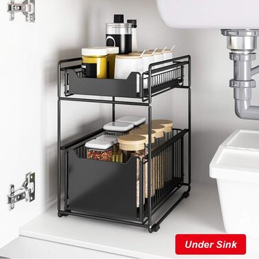 Under-Cabinet Organizer with 2 Tiers, Adjustable Height, with Wooden Handle, Pull-Out Metal Basket for Kitchen and Bathroom (Black)