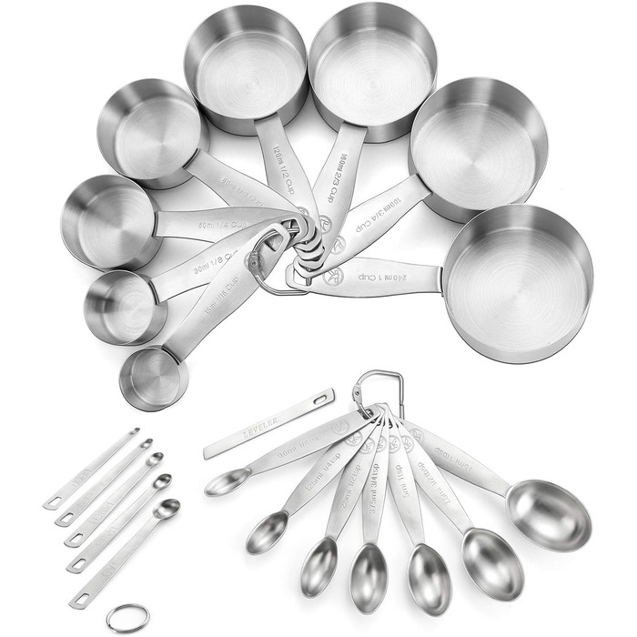 Measuring cup and spoon set, 21-piece, made of 18/8 stainless steel, durable, 8 measuring cups, 7 measuring spoons, 1 leveler & 5 mini measuring spoons, ideal for dry and liquid ingredients
