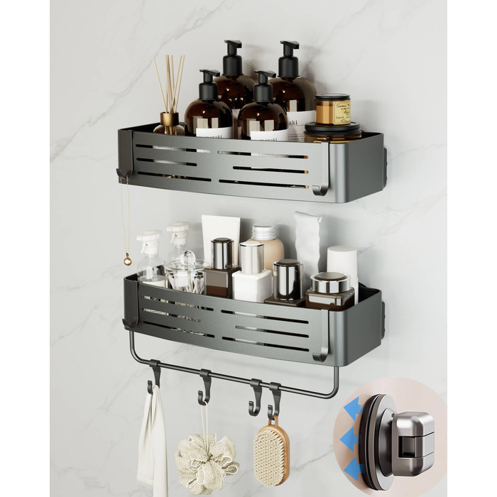 Набір з 2 полиць для душу Onemake з присосками, без свердління, сірого кольору. Дзеркальний кутовий органайзер для ванної кімнати з 6 гачками та рушником.