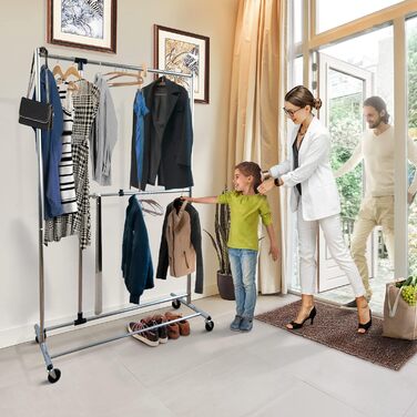 Tatkraft Drago Clothes Rack - Stable, with 2 Clothes Rails, up to 110 kg, Coat Rack, Adjustable, Clothes Rack on Wheels, Metal, (Silver)
