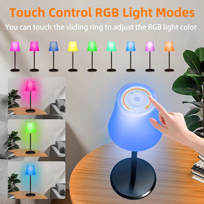Настільна LED лампа бездротова акумуляторна з димером та RGB підсвіткою, сенсорне управління, водонепроникна IP54 для дому, офісу, ресторану