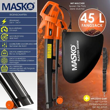 MASKO® Електричний садовий пилосос 3-в-1, 3000 Вт, з плечовим ременем, колесами і мішком 45 л, повітродувка та пилосос для листя, помаранчевий