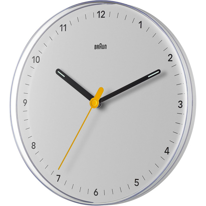 Braun Classic Analog Wall Clock with Silent Quartz Movement, Easy to Read, 23 cm Diameter in White, Model BC26W.