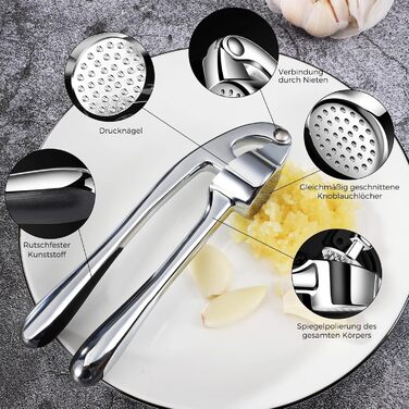Прес для часнику з нержавіючої сталі, професійна кухня, подрібнювач часнику, легко миється та довговічний, сріблястий
