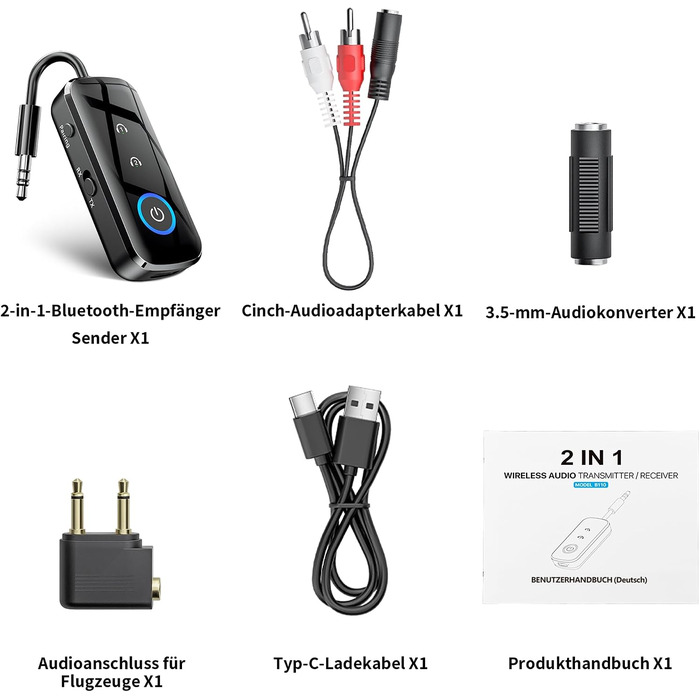 Bluetooth адаптер-ресивер 2-в-1 SONRU (передавач та приймач) з роз'ємом 3.5 мм Jack, для літака та автомобіля, чорний