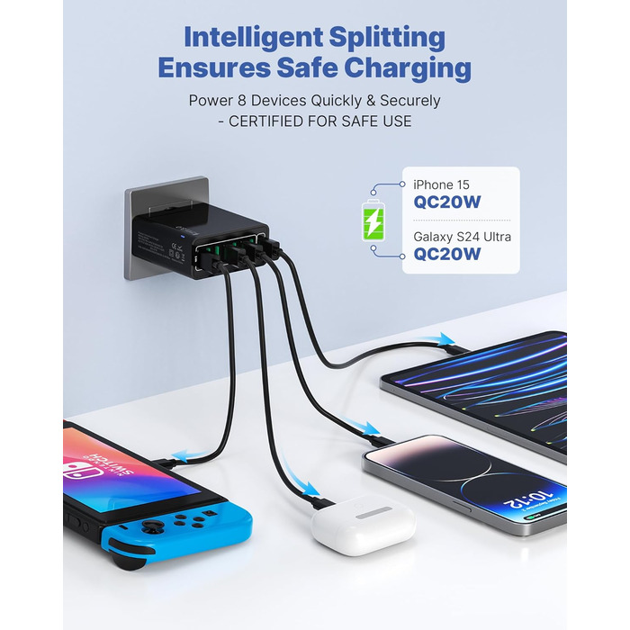 Багатопортовий зарядний адаптер USB 33W з QC 3.0 (2 шт.) - білий/чорний, для iPhone, iPad, Android