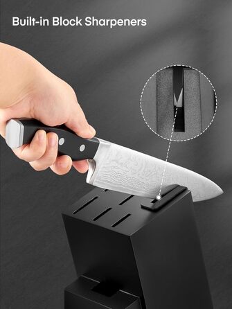 D.Perlla Self-Sharpening Knife Block Set - 7 Piece Stainless Steel Knife Set with Plastic Handle & Wooden Block - Professional Kitchen Knife Set, Black