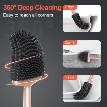 Набір для чищення унітазу Waretary з силіконовою щіткою та підставкою з нержавіючої сталі, гнучкий наконечник для глибокого очищення, швидковисихаючий, для кріплення на стіні та встановлення на підлогу, золотий