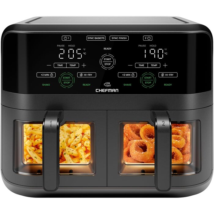 Фритюрниця електрична Chefman 5.6л з двома кошиками, чорна. Потужність 2100 Вт, цифрове управління, функція Sync-Finish, автовимкнення, вікно для спостереження, корзини для посудомийної машини