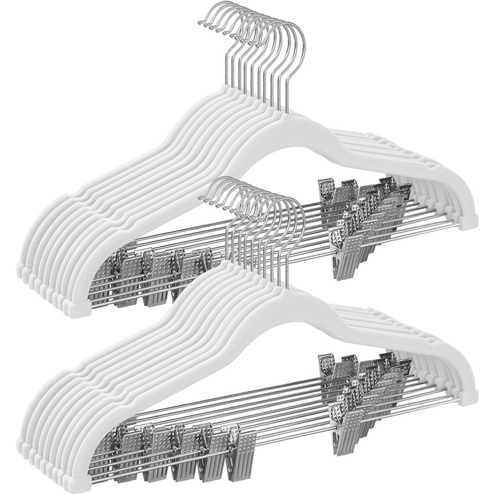 SONGMICS Velvet Clothes Hangers, 20-Piece Set, Pant Hangers, 42.5 cm Long, with Adjustable Clips, Non-Slip, Space-Saving, for Pants, Coats, Dresses, White CRF012W20