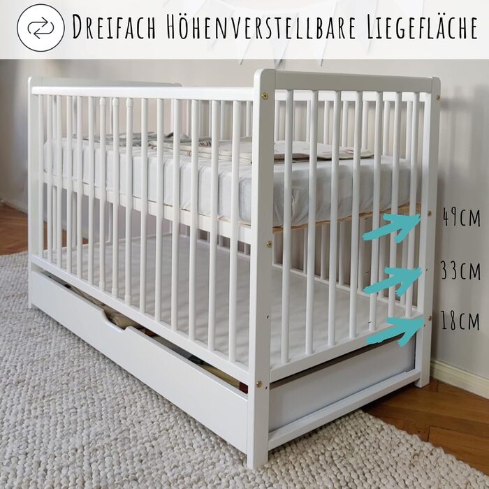 Kids Collective Baby Bed with Drawer, Toddler Bed, Crib, 60x120 cm, Adjustable Height & Removable Slats, Optional with Mattress | White, Very Stable, Made in Europe, 124L x 65W x 87H cm, White with Drawer