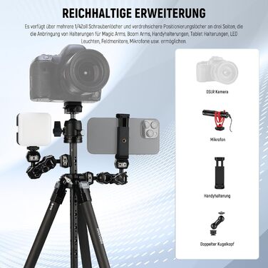 Карбоновий штатив Neewer LT36 (184 см) з кулястою головкою 360°, легкий трипід для відеокамер та фотоапаратів, Arca-Swiss QR-платформа, сумісність з Peak Design Capture V3