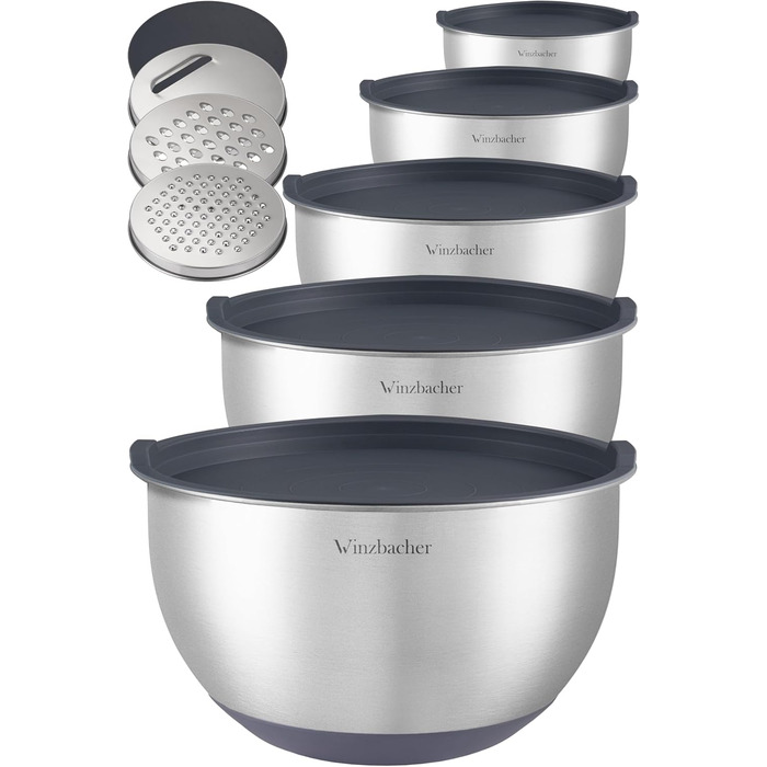 Stainless Steel Bowl Set with Lids [Set of 5] 1L + 1.5L + 2.5L + 3.5L + 4.5L | Mixing Bowls, Salad Bowls, Bowl Set | Non-slip | Stackable | Dishwasher Safe | Includes Grater
