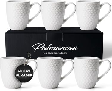 MIAMI – 6 x 400 ml – Coffee Cup Set/Mug – Modern Matte Ceramic Cup – Large Coffee Cup – Palmanova Collection (White)