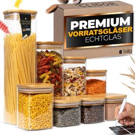 Скляні банки для зберігання з кришкою, кутові, набір 8 шт., об'єм 5,2 л, посилене скло, герметичні контейнери для продуктів, кухонні органайзери