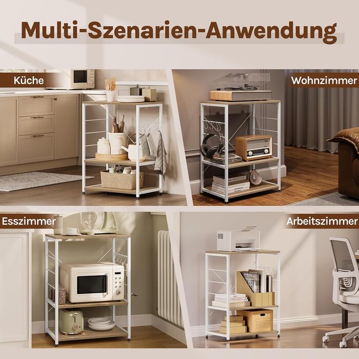 WOLTU Kitchen Shelf, Freestanding Shelf, Microwave Holder, Baker's Rack, Metal Shelf with Wood and Steel, with 3 Shelves, approx. 60 x 40 x 82 cm, White + Light Oak