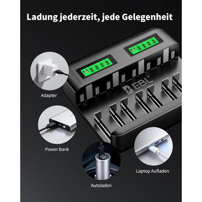 Зарядний пристрій EBL для акумуляторів AA AAA C D NI-MH, Type-C, LCD дисплей, швидка зарядка