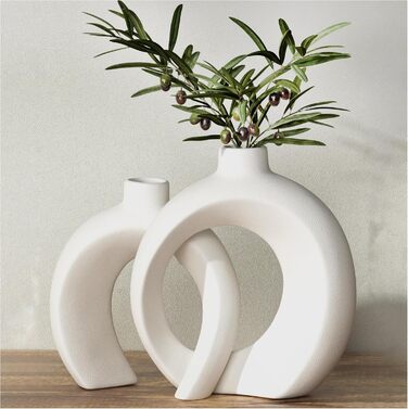 White Ceramic Donut Vase Set for Pampas & Dried Flowers - Modern Boho Home Decor