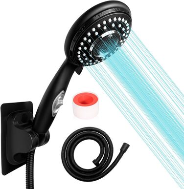 Handheld shower with on/off switch, water-saving, high-pressure showerhead, 150 cm hose, wall-mounted, white painted (matte black)
