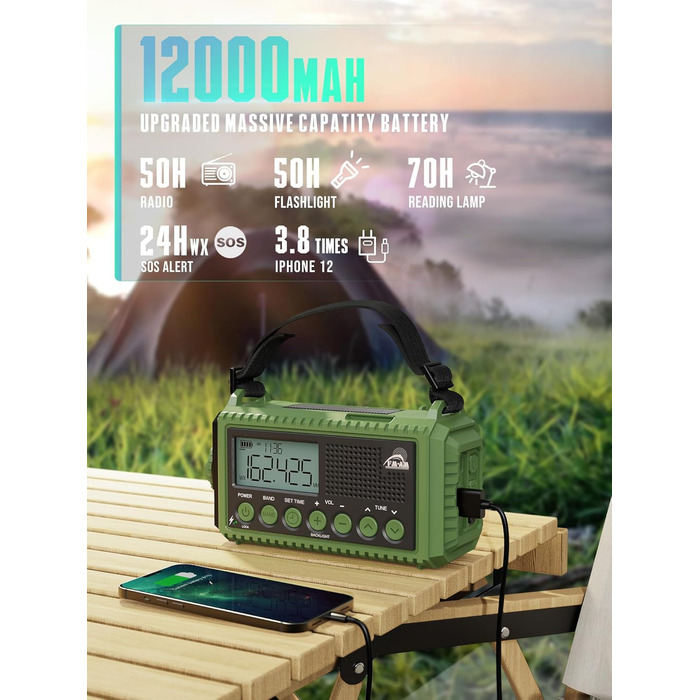 Радіо на батареї 12000mAh | Радіо з ручкою та сонячною панеллю | AM/FM/SW, SOS, USB-C | Водонепроникне IPX4, ліхтарик, для кемпінгу та відпочинку на природі