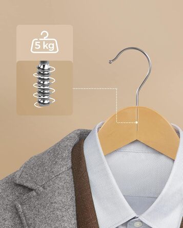 SONGMICS Wooden Clothes Hangers, 30-Piece Set, Solid Wood Hangers, Shoulder Indentations, Non-Slip Trouser Bar, 360° Swivel Hook, for Suits, Shirts, Natural Wood-Silver, CRW031NL