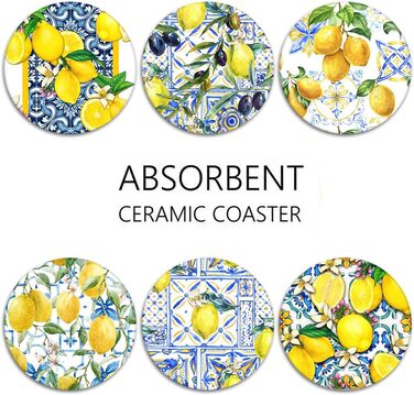 Drink coasters, set of 6, yellow lemon, fruit, blue ceramic tiles, pattern, absorbent, square, ceramic stone mat, with cork backing and metal holder, housewarming gift, (lemon)