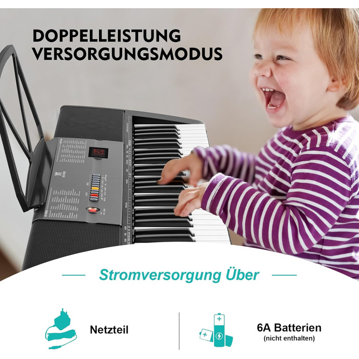 MUSTAR 61-клавішна клавіатура-піаніно для початківців, цифрова клавіатура з підсвічуванням, динаміками, стійкою, табуретом, навушниками, мікрофоном, підставкою для нот, 300 звуків та уроками гри, чорний колір