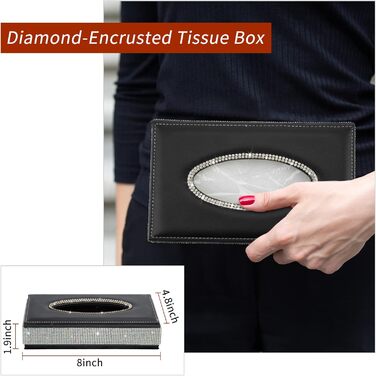 Rectangular tissue box – decorative tissue holder with sparkling crystal rhinestones and made from high-quality leather, perfect for car, office, home – Black