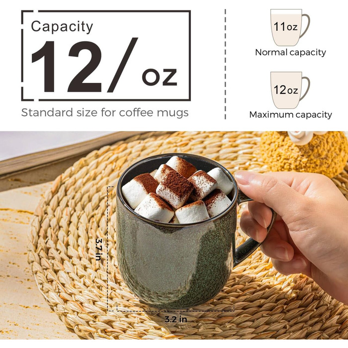 Набір керамічних кавових чашок LERATIO, 340 мл, 6 шт. - великі порцелянові чашки з зручною ручкою для лате, капучино, молока, какао. Можна мити в посудомийній машині та використовувати в мікрохвильовці. Ідеально підійде чоловікам, жінкам, батькам. Колір: 