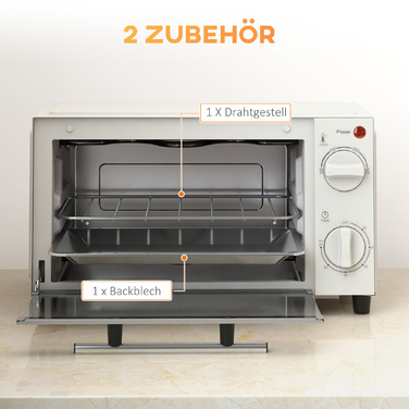 HOMCOM 9L Mini Oven with Baking Tray, Grill Rack, 100°C-230°C, with Adjustable Temperature and Cooking Time, 60 Min. Timer, 750W, Stainless Steel, Cream White | Aosom
